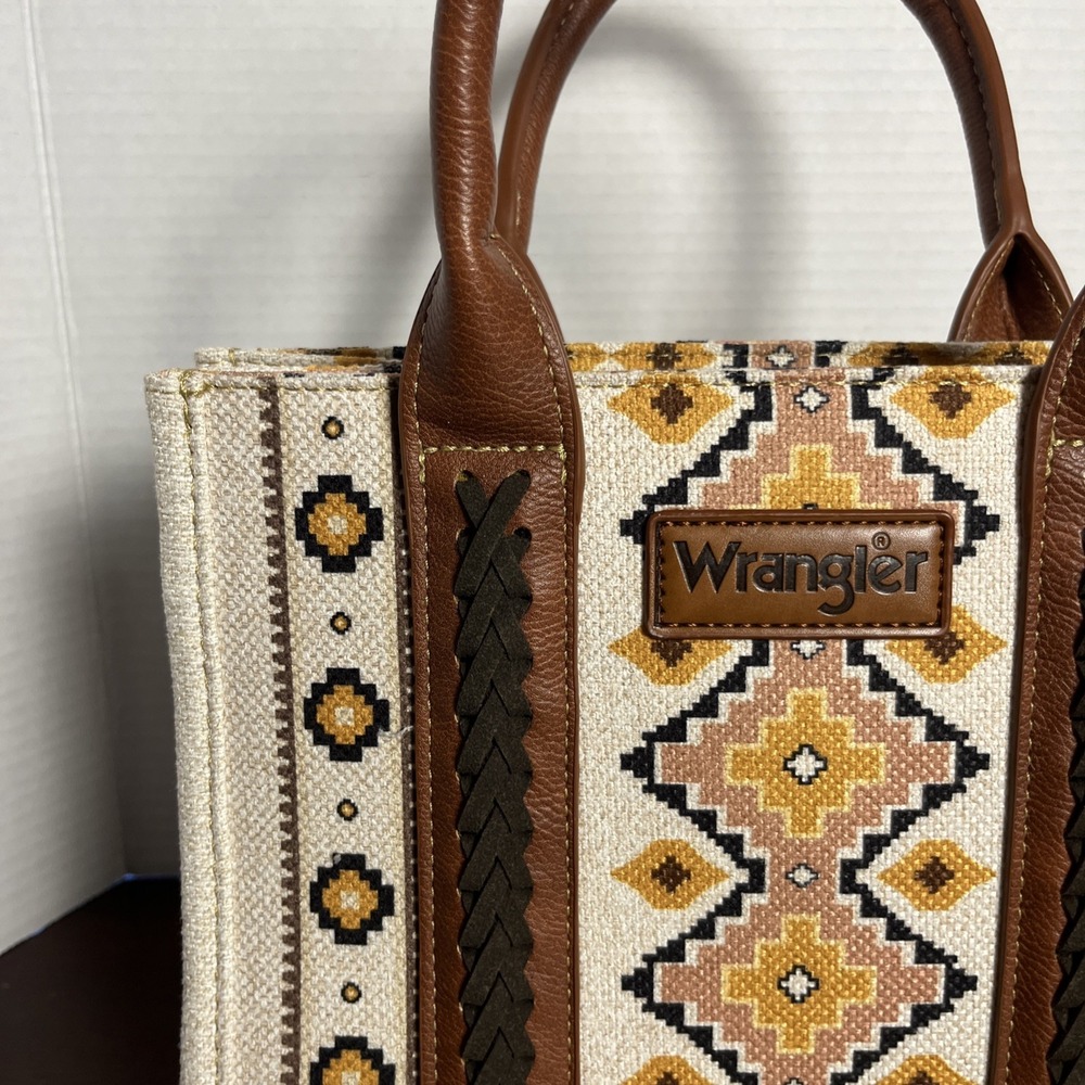 Wrangler Aztec Canvas & Faux Leather Tote Bag Cream Brown Yellow Western Handbag